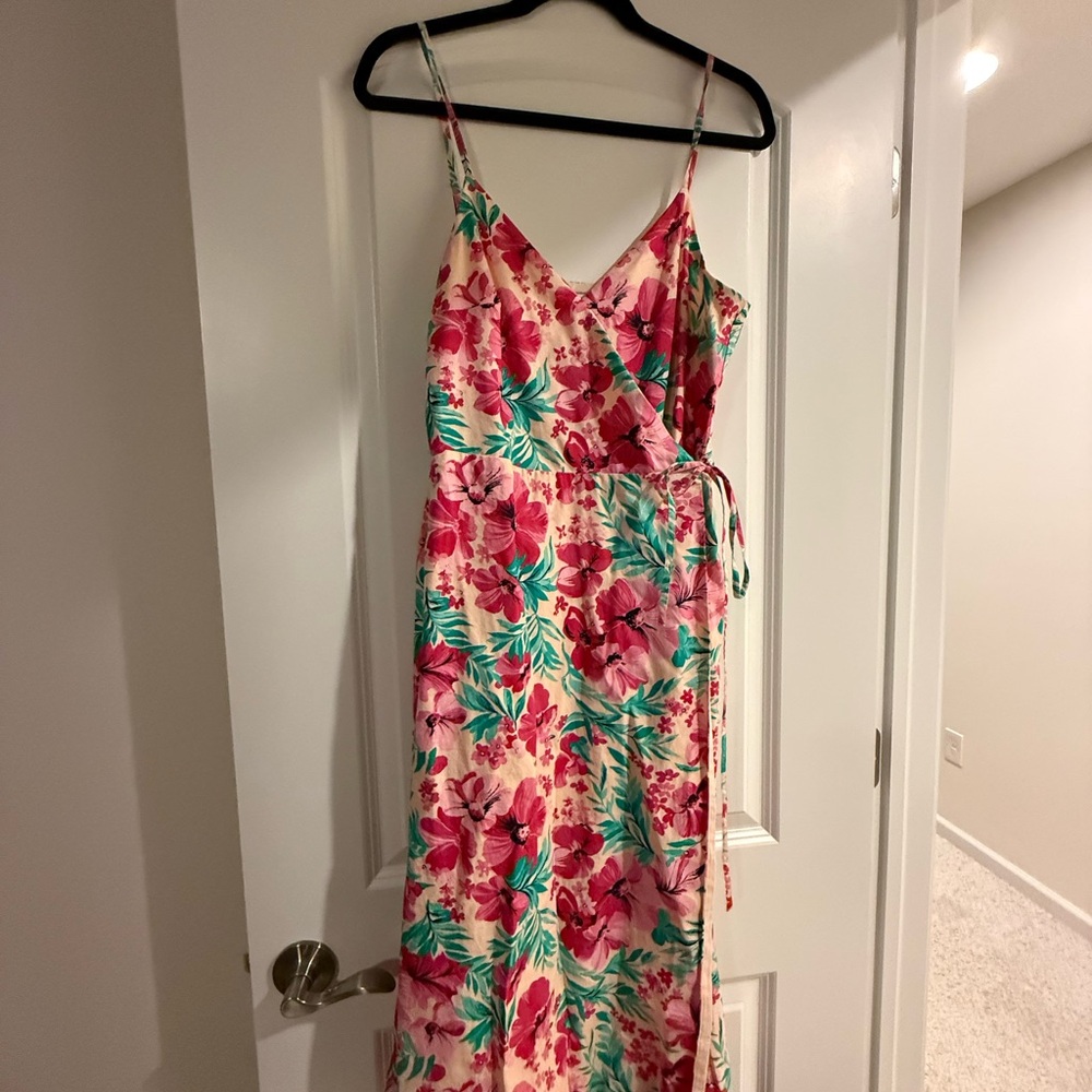 J. Crew Vibrant Pink and Green Floral Midi Dress